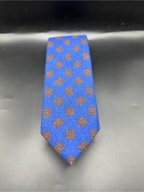 ISAIA Wool Cobalt Tie with Brown Medallion